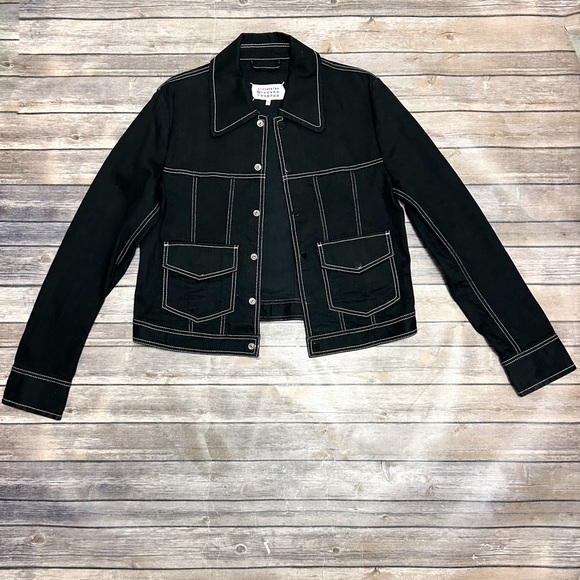 Maison Margiela Black Denim White Stitching Snap Button Spread Collar Jacket 50 - Picture 5 of 15